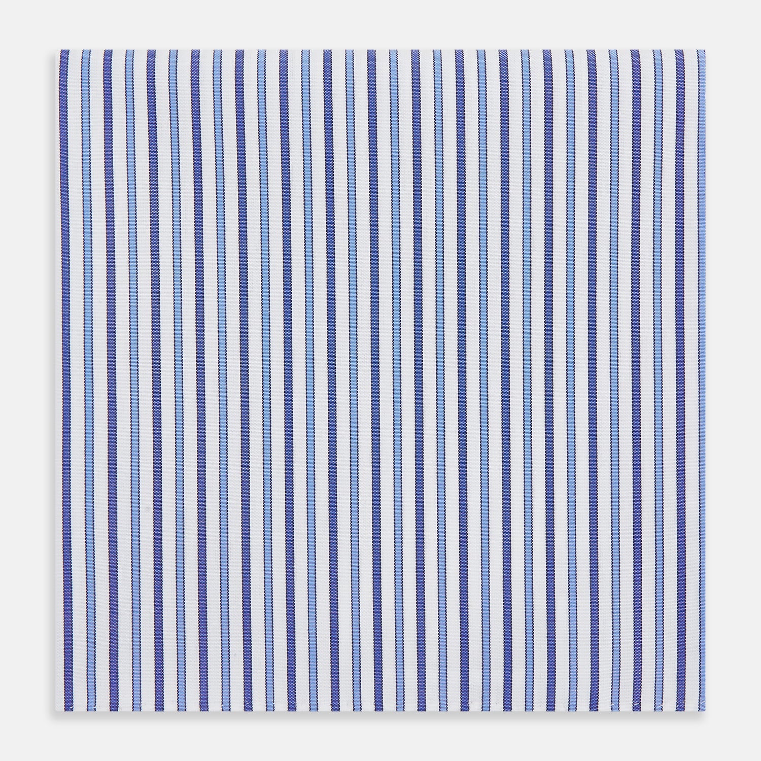 View 1 of product The Turnbull & Asser Navy and Blue Multi Stripe Handkerchief features a classic cotton pinstripe pattern—vertical blue and white stripes—making it a versatile and elegant formal accessory.