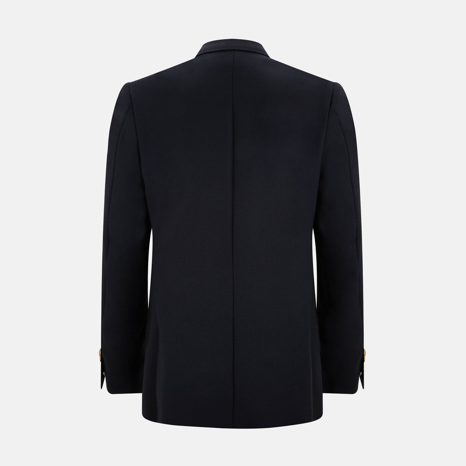 View 3 of product The Turnbull & Asser Navy Double Breasted Classic Blazer features gold buttons, peaked lapels, and multiple front pockets, exemplifying classic British tailoring against a plain light background.