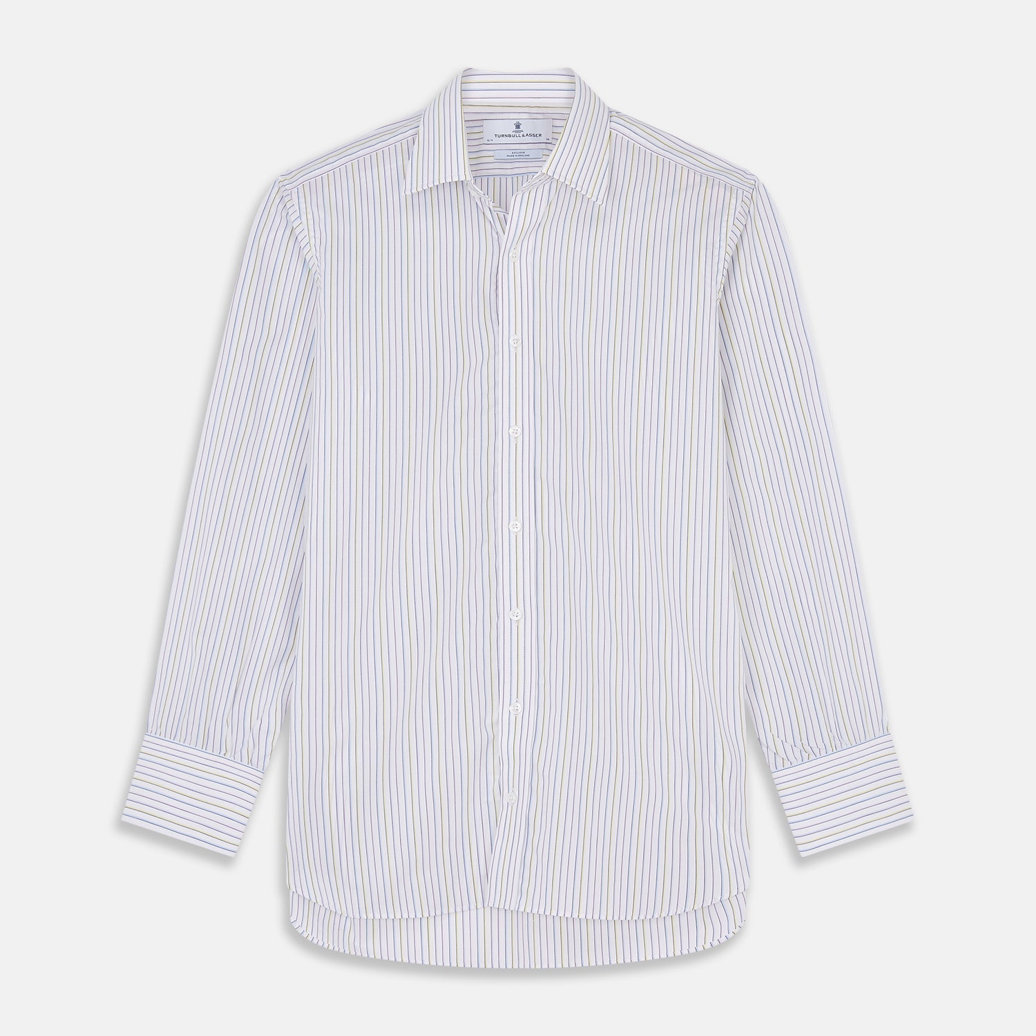 View 2 of product A close-up of Turnbull & Asser’s Purple Multi-stripe Cotton Fabric shows white fabric with thin blue, purple, and yellow vertical stripes in a circular frame on a light gray background.