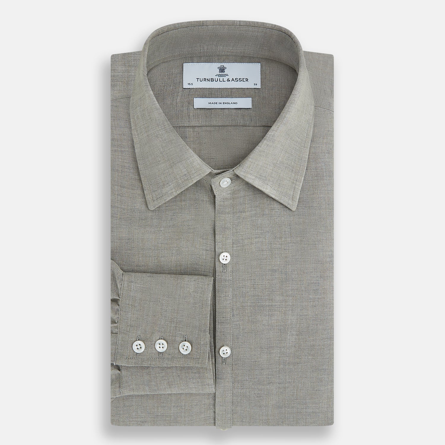 View 5 of product The Flint Grey Linen Westminster Shirt by Turnbull & Asser features long sleeves, a pointed Westminster collar, white buttons, and fine British craftsmanship, shown on a plain white background.