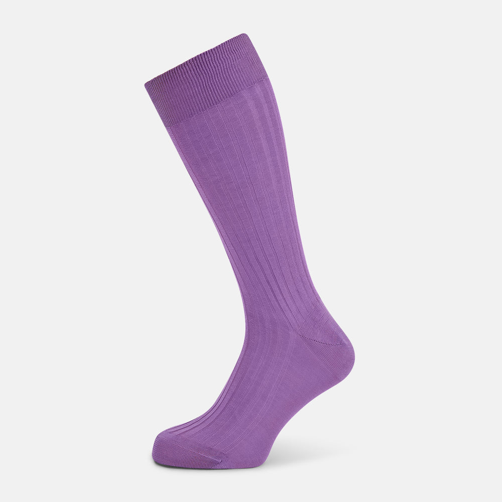 A single Violet Mid-Length Sock by Turnbull & Asser, made from ribbed mercerised Egyptian cotton, is displayed side-on with the toe pointing left against a plain light background.