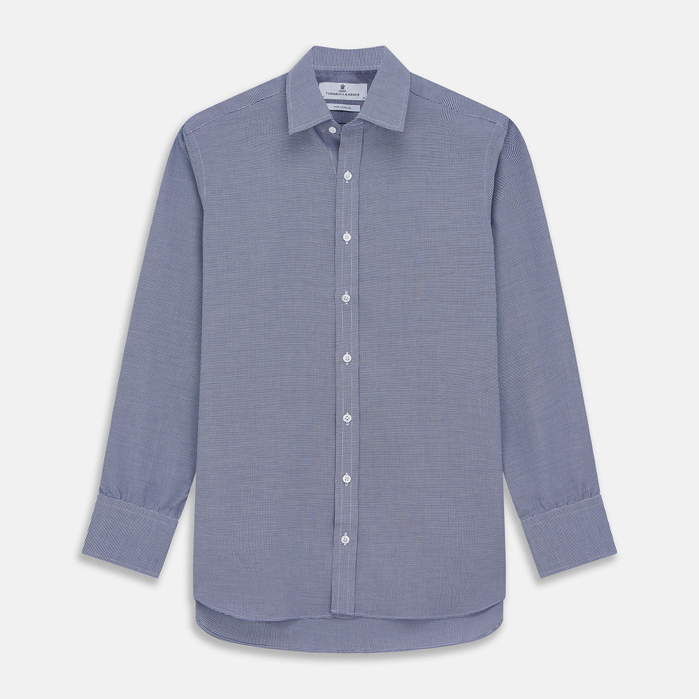 A navy pattern cotton voile regular fit Mayfair shirt by Turnbull & Asser, featuring long sleeves, a button-up front, classic collar, and white buttons, displayed flat against a white background.