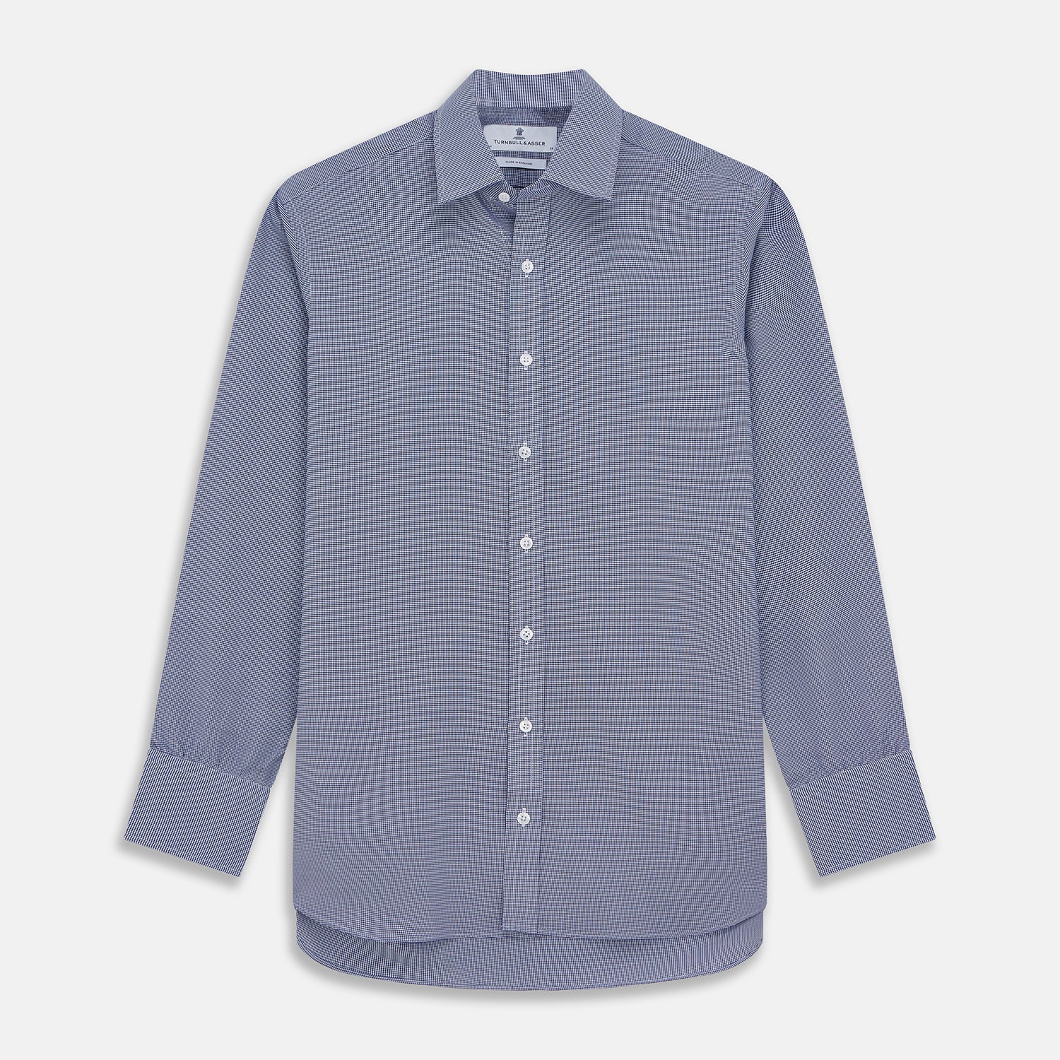 View 1 of product A navy pattern cotton voile regular fit Mayfair shirt by Turnbull & Asser, featuring long sleeves, a button-up front, classic collar, and white buttons, displayed flat against a white background.