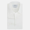 View 5 of product The Turnbull & Asser Plain White Windsor Shirt features a Turnbull open collar, 3-button cuffs, and relaxed fit—exemplifying British craftsmanship. Displayed on a white background.
