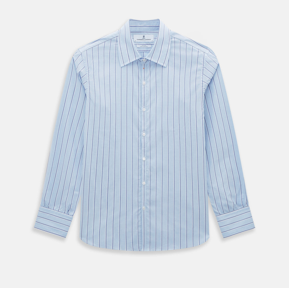 The Blue and Navy Multi-Stripe Westminster Shirt by Turnbull & Asser, featuring bold vertical stripes and a classic collar, exemplifies British craftsmanship and is shown laid flat on a white background.