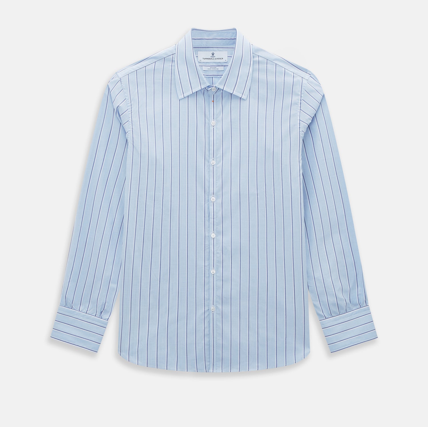 View 1 of product The Blue and Navy Multi-Stripe Westminster Shirt by Turnbull & Asser, featuring bold vertical stripes and a classic collar, exemplifies British craftsmanship and is shown laid flat on a white background.