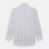 View 3 of product The Purple Multi Stripe Mayfair Shirt by Turnbull & Asser is a long-sleeve, collared button-up featuring vertical blue and purple stripes on white, ideal for formal occasions. The shirt is neatly displayed flat against a white background.