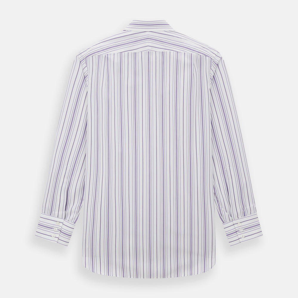 The Purple Multi Stripe Mayfair Shirt by Turnbull & Asser is a long-sleeve, collared button-up featuring vertical blue and purple stripes on white, ideal for formal occasions. The shirt is neatly displayed flat against a white background.