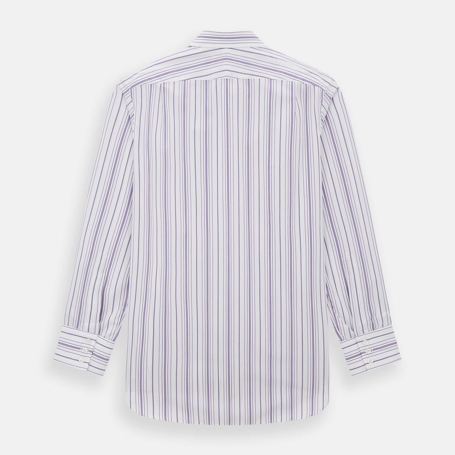 View 3 of product The Purple Multi Stripe Mayfair Shirt by Turnbull & Asser is a long-sleeve, collared button-up featuring vertical blue and purple stripes on white, ideal for formal occasions. The shirt is neatly displayed flat against a white background.