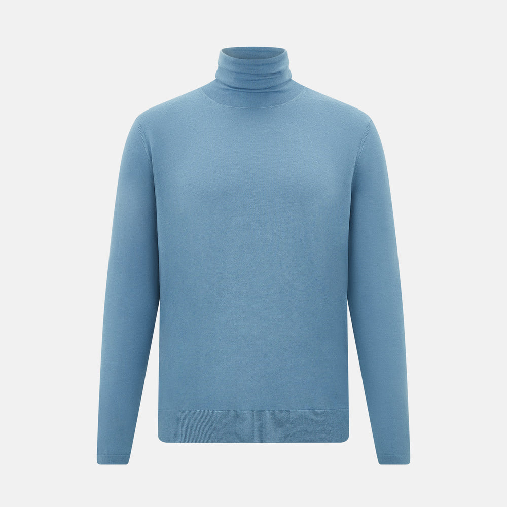 Turnbull & Asser's Pale Blue Fine Merino High Neck Jumper is shown on a plain white background, featuring a simple, classic design with long sleeves and no visible patterns or embellishments.