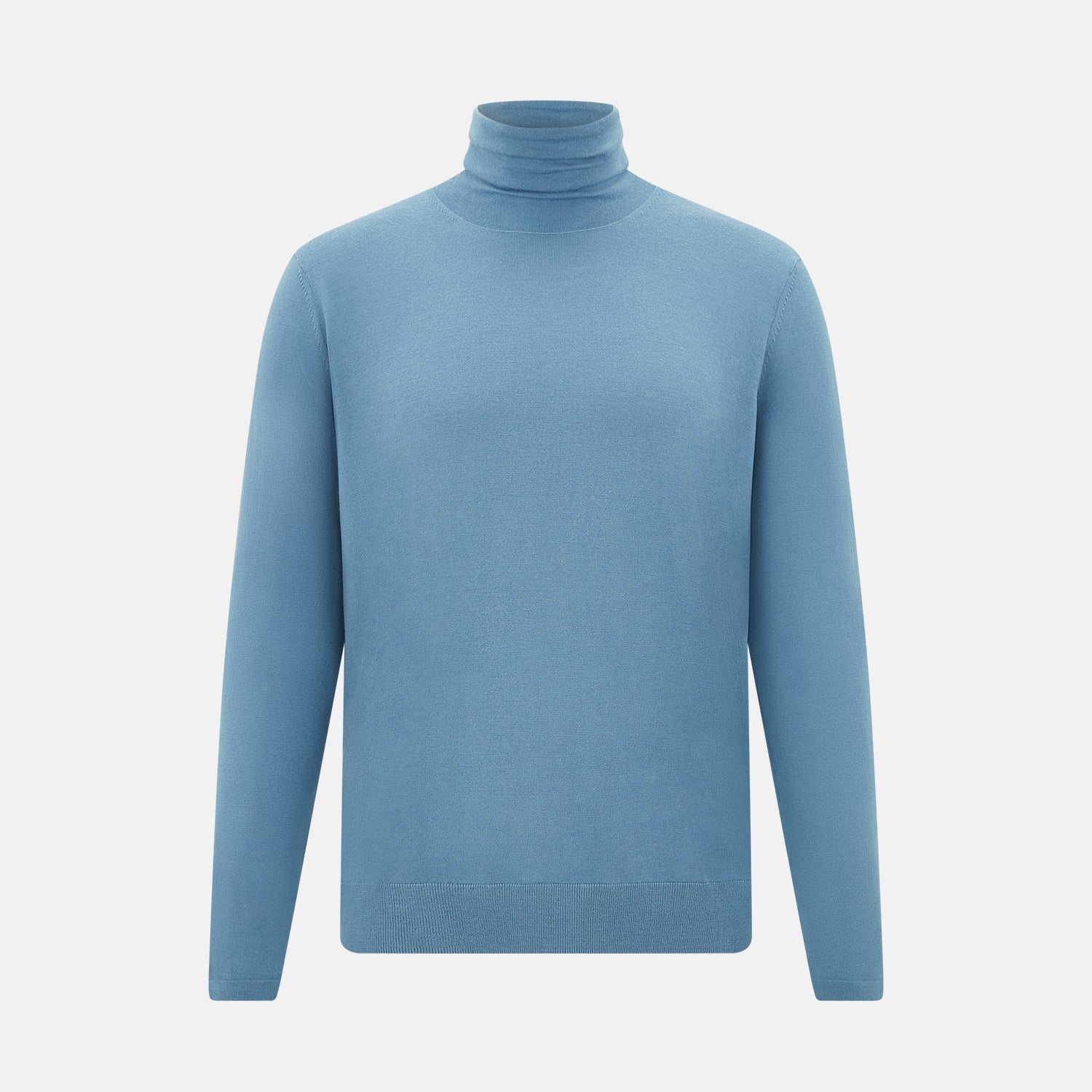 View 1 of product Turnbull & Asser's Pale Blue Fine Merino High Neck Jumper is shown on a plain white background, featuring a simple, classic design with long sleeves and no visible patterns or embellishments.