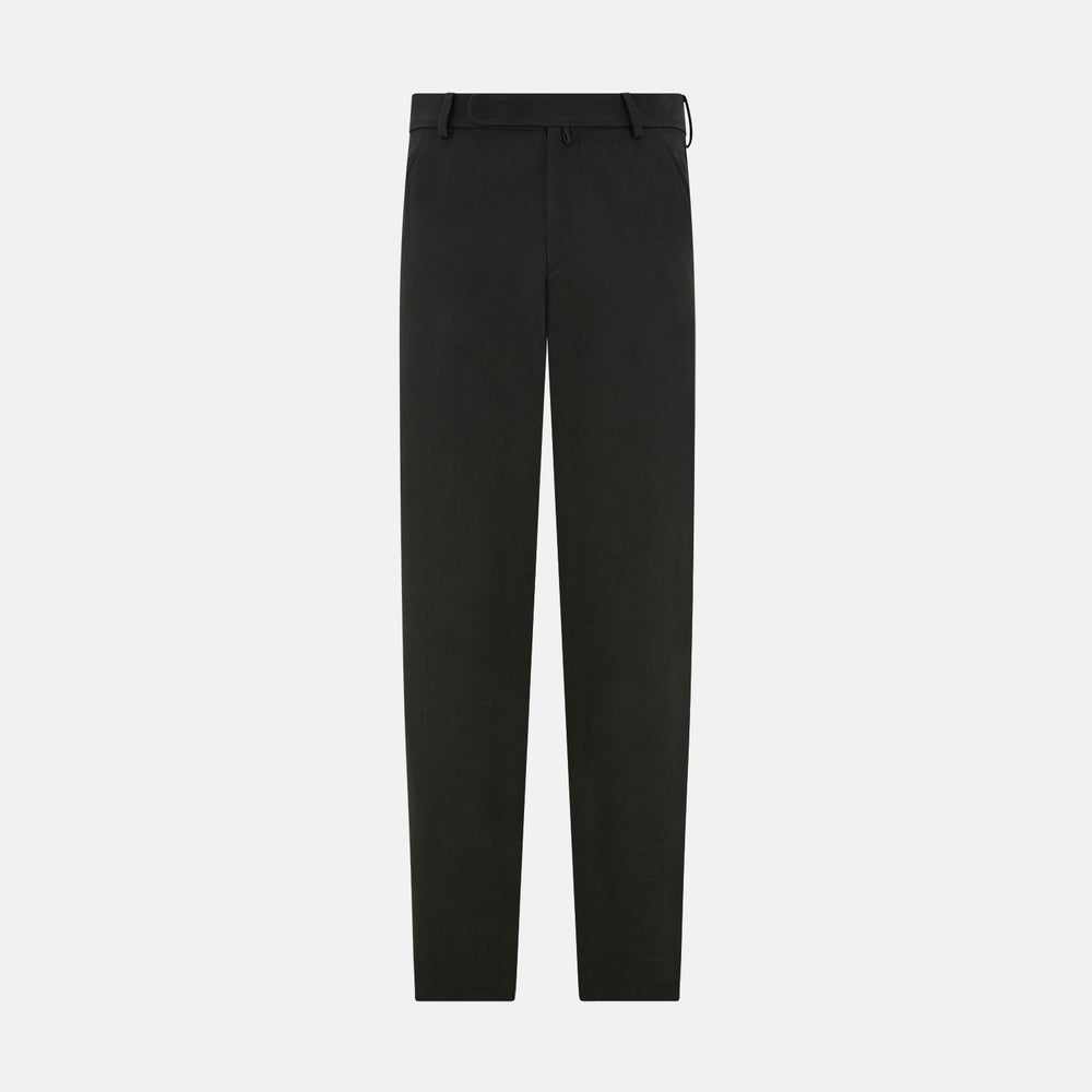 The Forest Green Henry B Trousers by Turnbull & Asser feature a minimalist straight-leg design in a wool/cashmere blend with belt loops and button closure, shown against a plain white background.