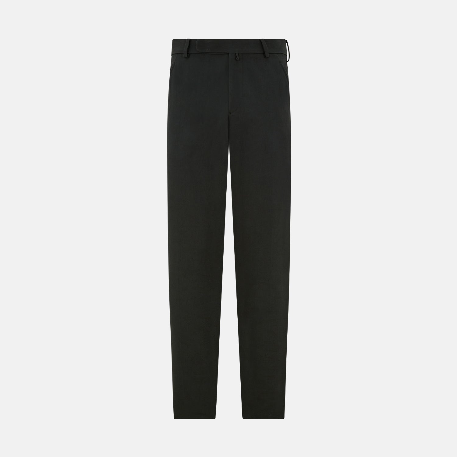 View 9 of product The Forest Green Henry B Trousers by Turnbull & Asser feature a minimalist straight-leg design in a wool/cashmere blend with belt loops and button closure, shown against a plain white background.