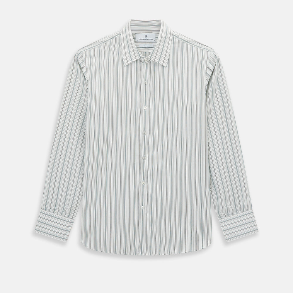 A Forest Green Multi Stripe Westminster Shirt by Turnbull & Asser, featuring thin green stripes on white and expert British craftsmanship, is neatly laid flat with visible cuffs.