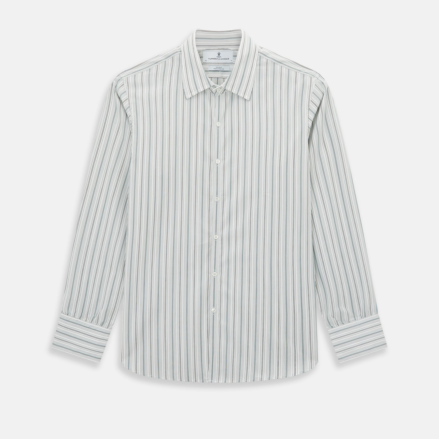 View 1 of product A Forest Green Multi Stripe Westminster Shirt by Turnbull & Asser, featuring thin green stripes on white and expert British craftsmanship, is neatly laid flat with visible cuffs.