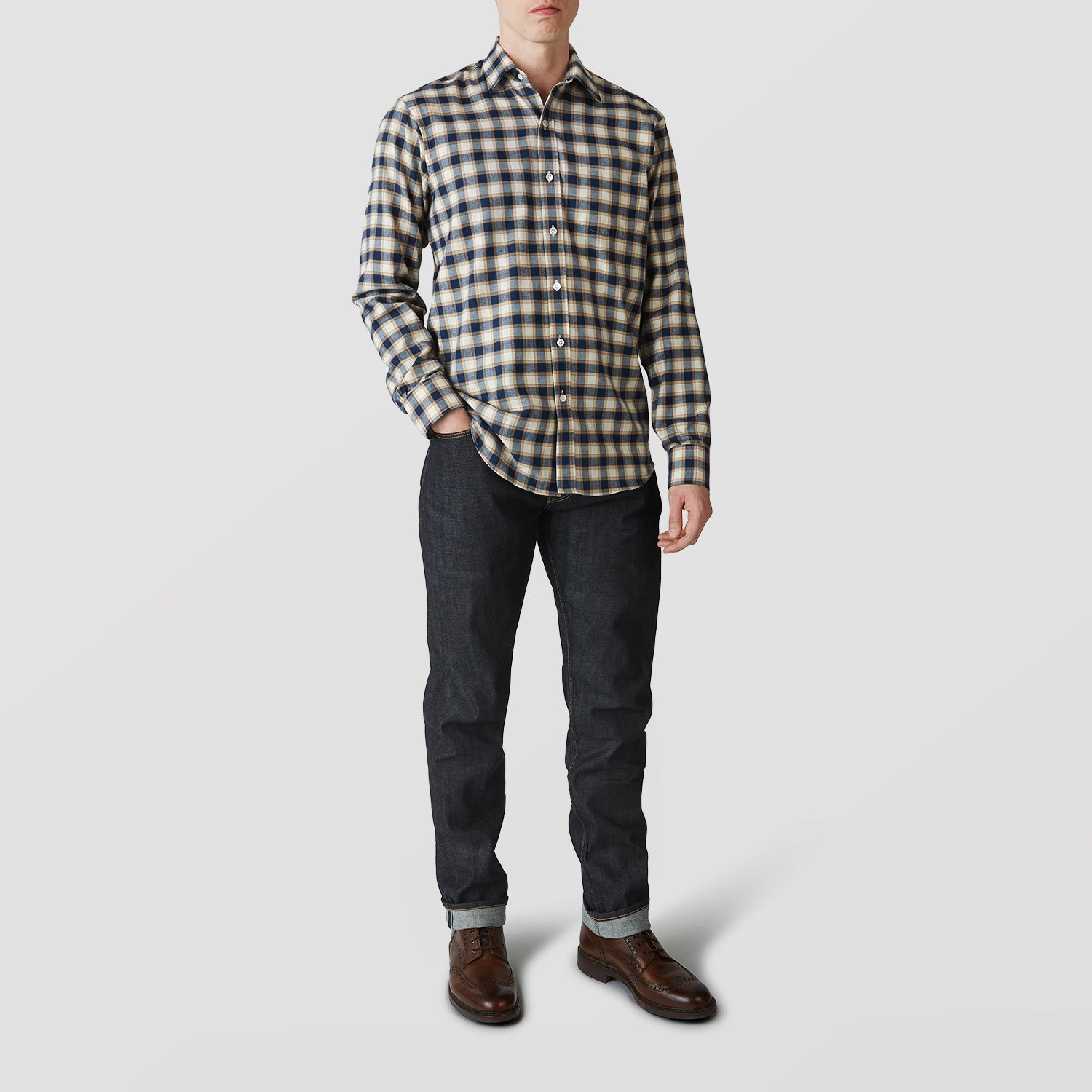 View 2 of product The Turnbull & Asser Blue Multi Check Weekend Fit Shirt features a Derby collar and 1-button cuffs, perfect for winter layering, shown here on a plain white background.