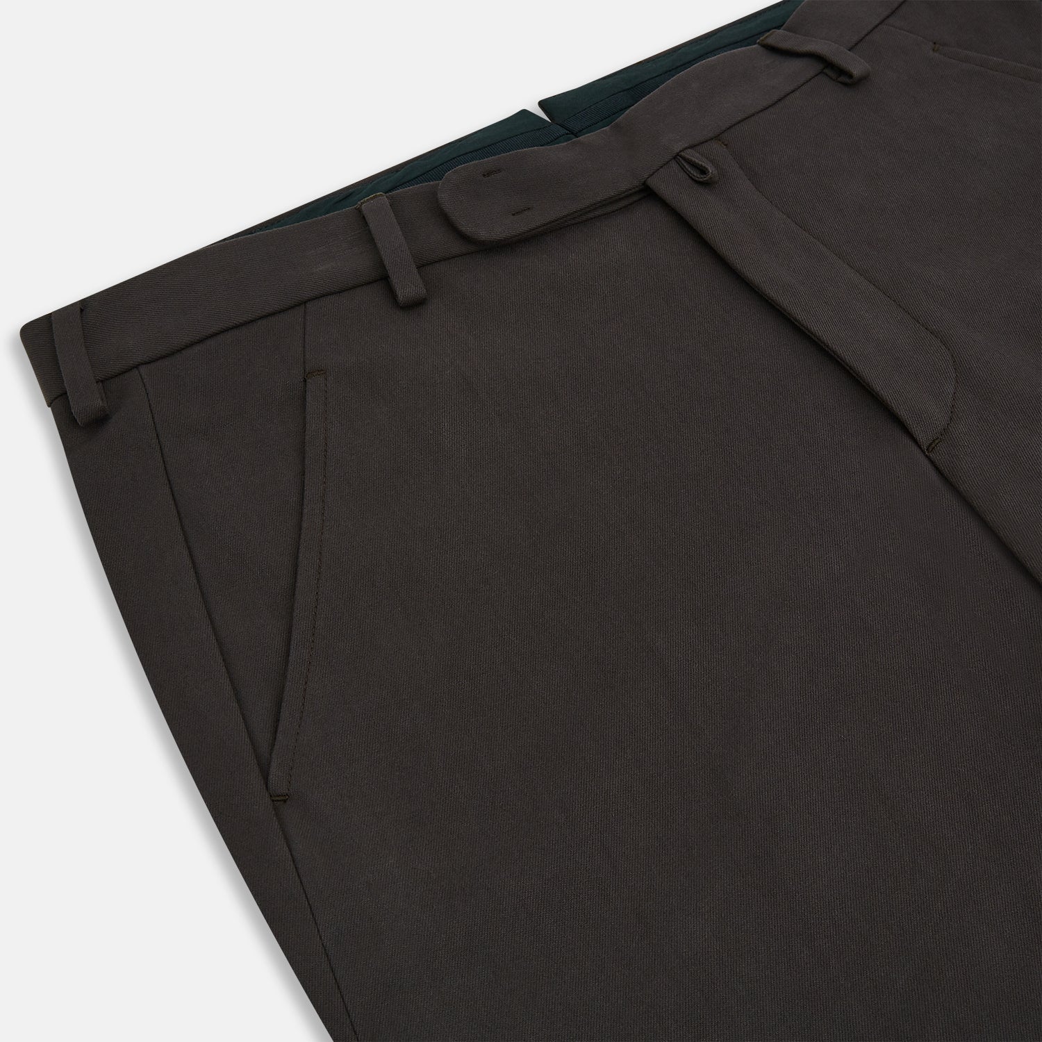 View 2 of product The Brown Henry B Trousers by Turnbull & Asser are straight-leg trousers made from premium Italian cotton, with belt loops, front button and zipper closure, shown against a plain white background.