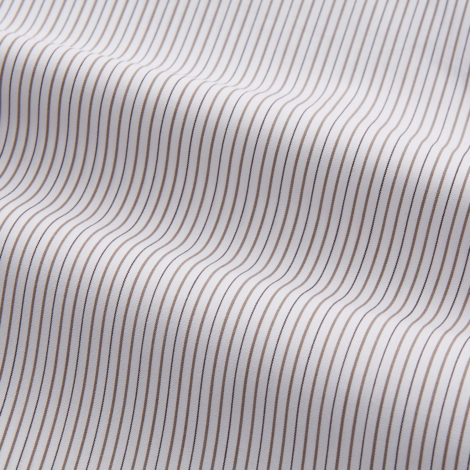 View 2 of product The Turnbull & Asser Sandstone Multi Stripe Cotton Regular Fit Mayfair Shirt, featuring long sleeves, button-up front, chest pocket, and classic collar with subtle white and light gray vertical pinstripes, is laid flat on a white background.
