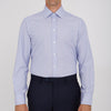 View 2 of product The Turnbull & Asser Blue Hairline Stripe Shirt features a T&A collar, 3-button cuffs, and subtle stripes, displayed neatly folded against a plain white background.