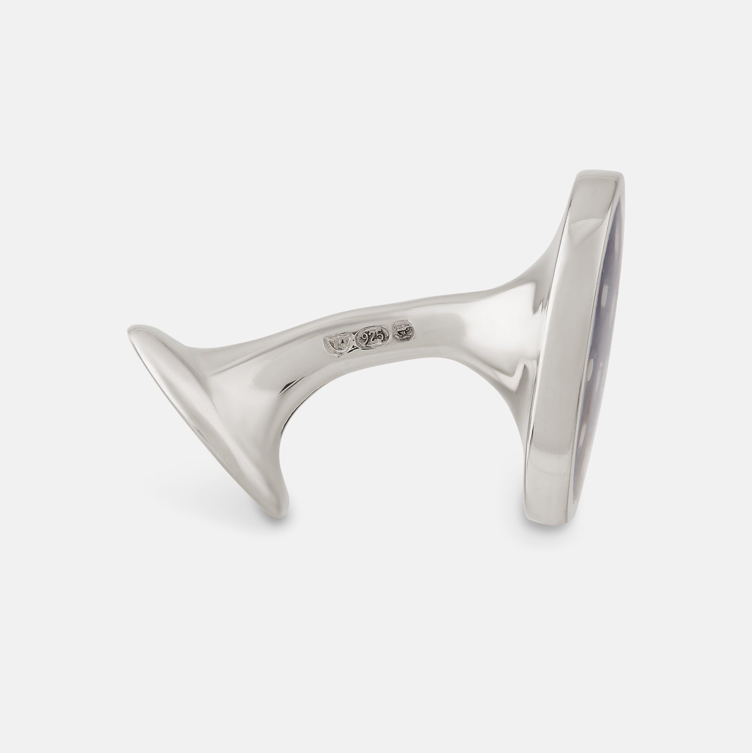 View 2 of product The Turnbull & Asser Navy Spotted Circle Enamel Cufflinks feature round faces with silver polka dots, offering a classic men's accessory in a striking navy design.