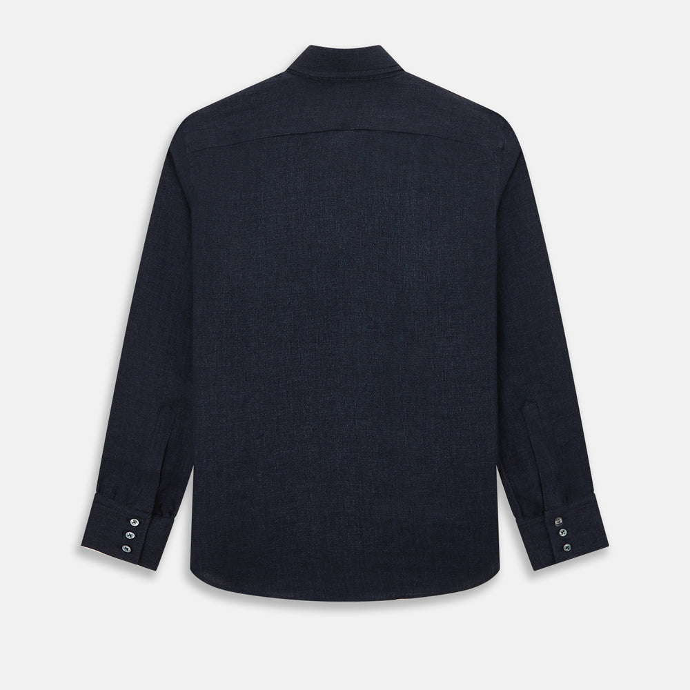 The Navy Linen Windsor Shirt by Turnbull & Asser features long sleeves, white buttons, a Turnbull collar, and buttoned cuffs in dark navy blue linen. Shown laid flat on a white background.