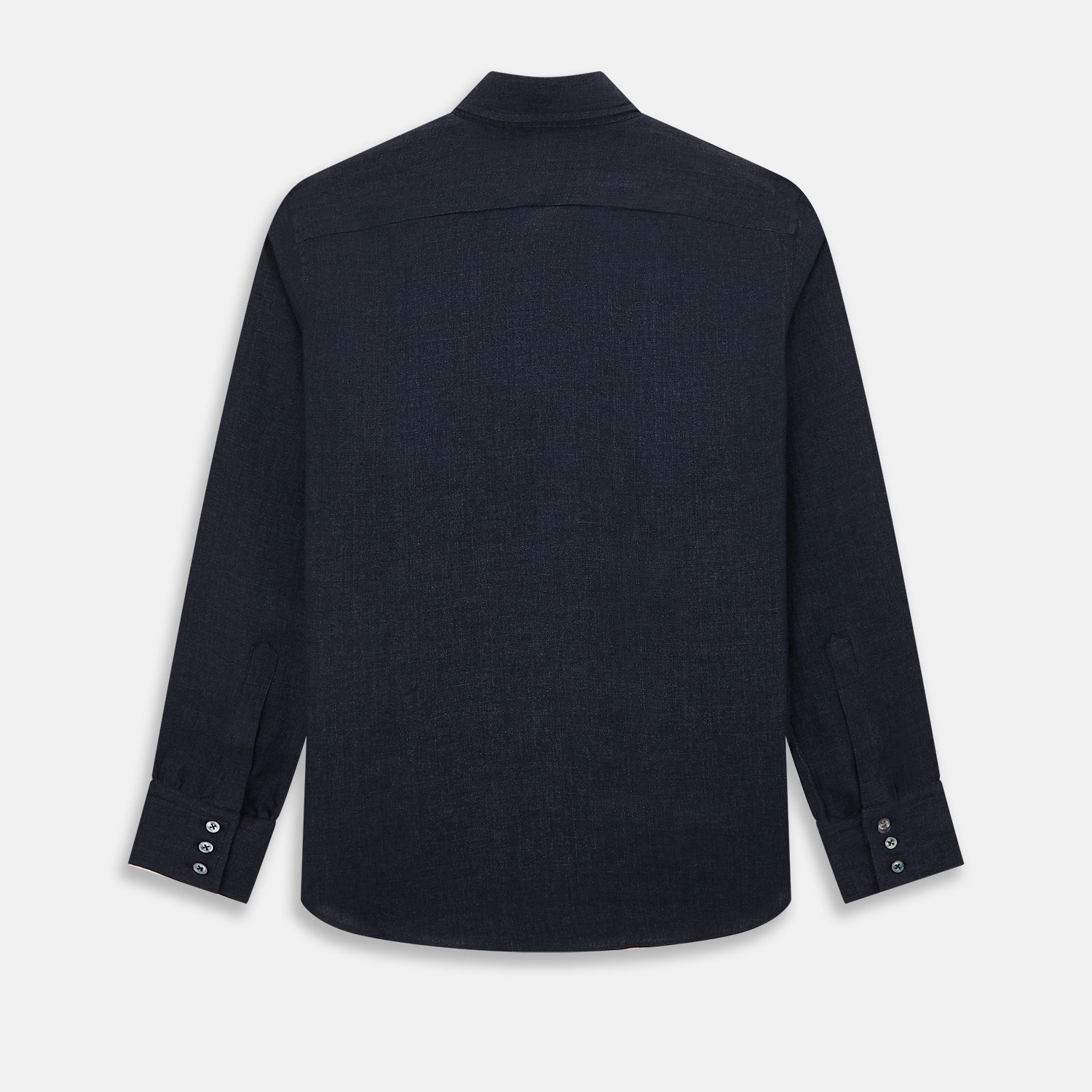 View 3 of product The Navy Linen Windsor Shirt by Turnbull & Asser features long sleeves, white buttons, a Turnbull collar, and buttoned cuffs in dark navy blue linen. Shown laid flat on a white background.