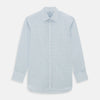 View 1 of product The Blue Overlay Grid Check Mayfair Shirt by Turnbull & Asser features a light blue and white grid check pattern with long sleeves and button-up design, making it a versatile wardrobe staple. Displayed on a plain white background.