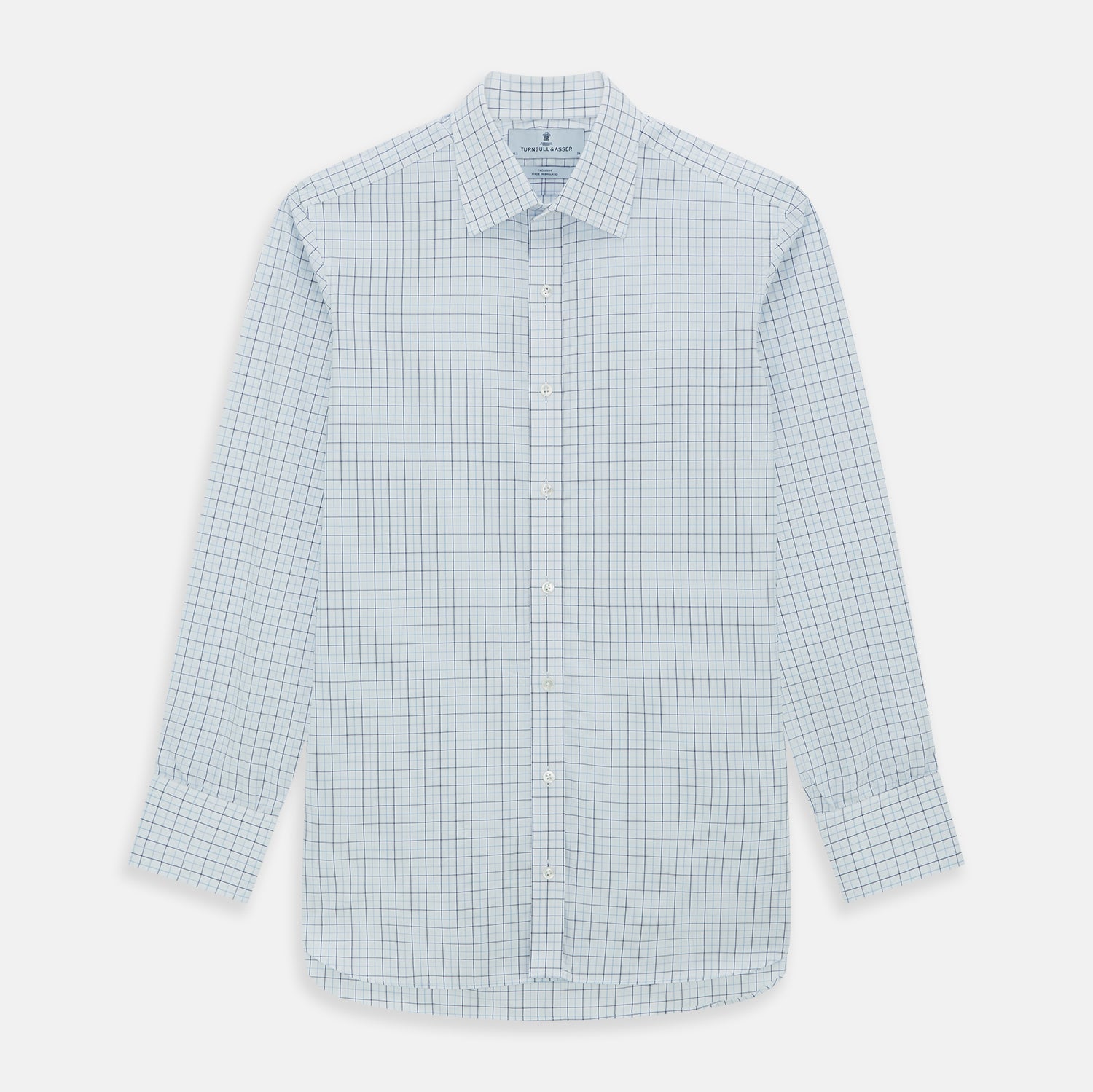 View 1 of product The Blue Overlay Grid Check Mayfair Shirt by Turnbull & Asser features a light blue and white grid check pattern with long sleeves and button-up design, making it a versatile wardrobe staple. Displayed on a plain white background.