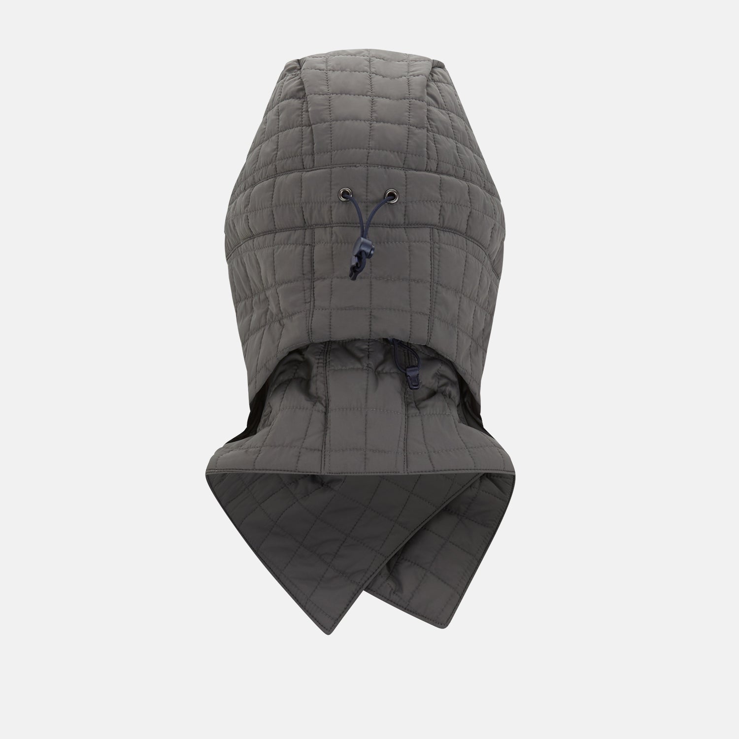 View 4 of product The Turnbull & Asser Shadow Grey Quilted Hood with Neck Warmer features a button closure, inspired by quilted jacket hoods, and is displayed on a plain white background.