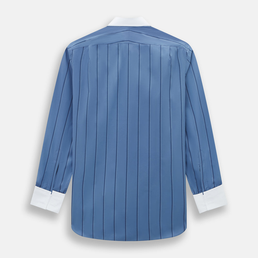 The Turnbull & Asser Steel Grey Track Stripe Shirt features vertical black stripes, a contrast white T&A collar, and white cuffs, shown against a plain light background.