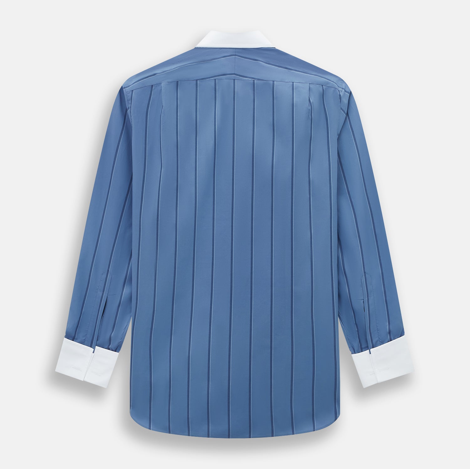 View 3 of product The Turnbull & Asser Steel Grey Track Stripe Shirt features vertical black stripes, a contrast white T&A collar, and white cuffs, shown against a plain light background.