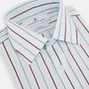 View 2 of product The Turnbull & Asser Burgundy Combination Stripe Mayfair Shirt features long sleeves, a classic T&A collar, and vertical black and burgundy stripes on white, laid flat against a plain white background.
