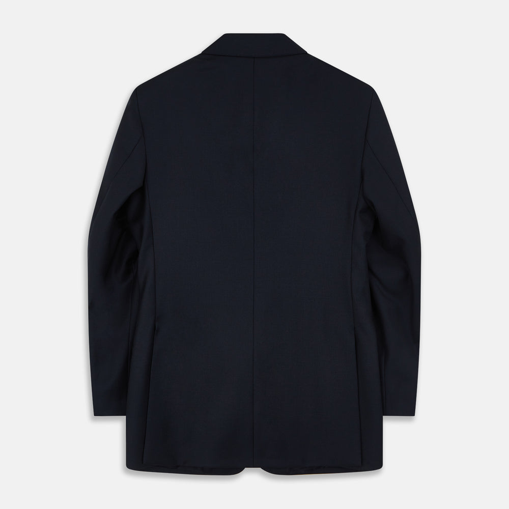 The Turnbull & Asser Navy Plain Wool Single Breasted Blazer, with brass front and cuff buttons and an asymmetric pocket design, is shown laid flat on a white background.