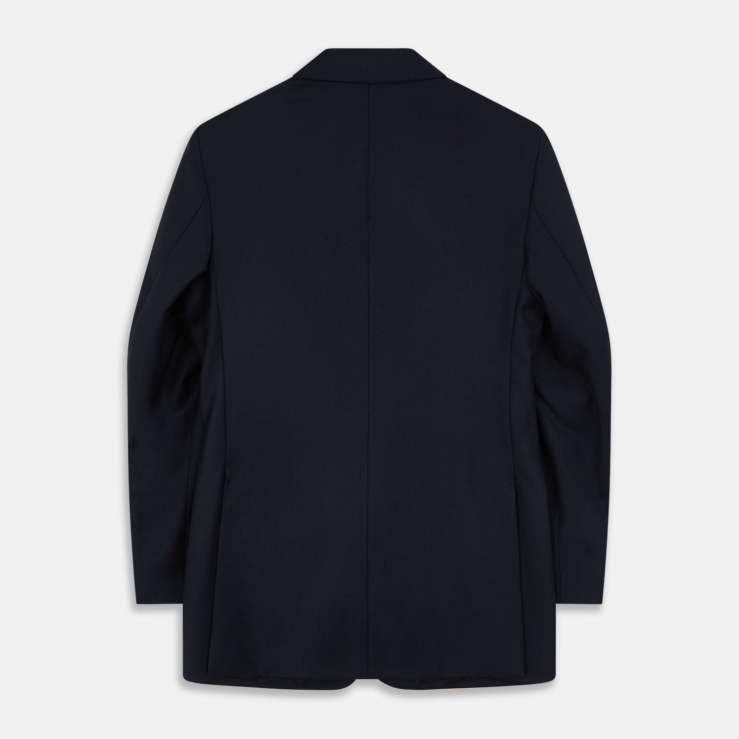 View 3 of product The Turnbull & Asser Navy Plain Wool Single Breasted Blazer, with brass front and cuff buttons and an asymmetric pocket design, is shown laid flat on a white background.
