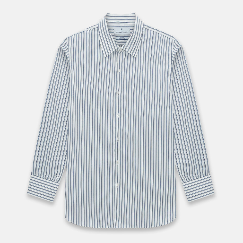 The Sapphire Blue Multi Track Stripe Westminster Shirt by Turnbull & Asser features a turnbull collar and vertical stripes, elegantly displayed flat against a white background—an ideal example of British craftsmanship.