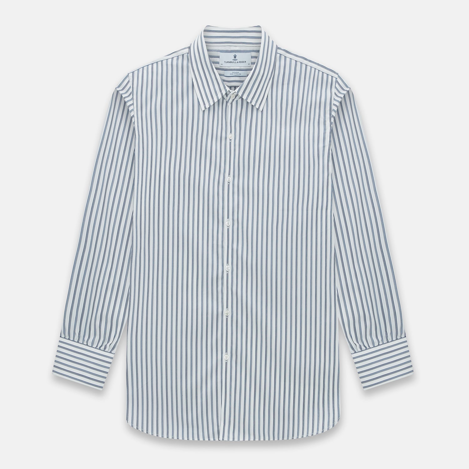 View 1 of product The Sapphire Blue Multi Track Stripe Westminster Shirt by Turnbull & Asser features a turnbull collar and vertical stripes, elegantly displayed flat against a white background—an ideal example of British craftsmanship.