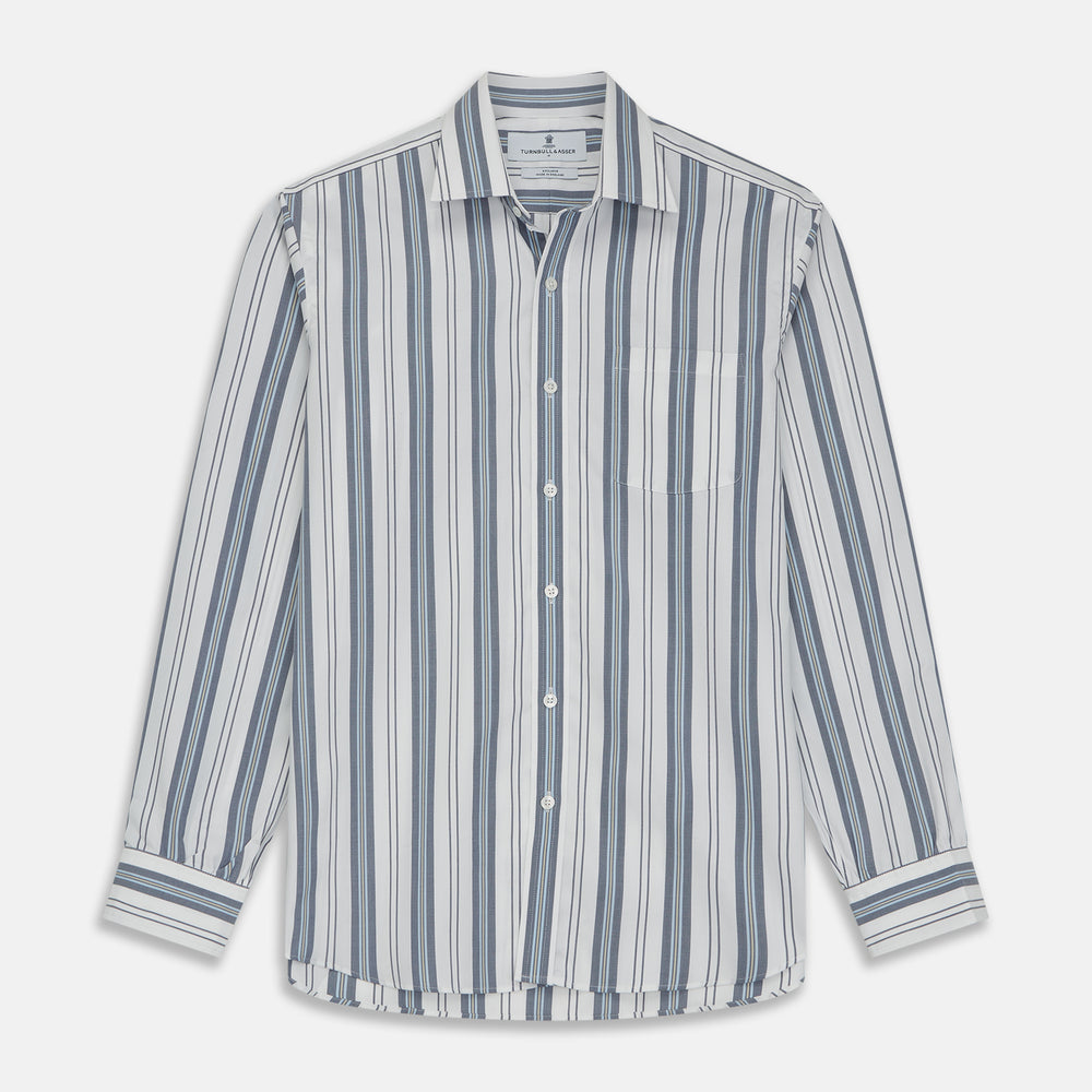 The Turnbull & Asser Blue, Green & White Stripe Weekend Fit Shirt features a Derby collar, 1-button cuffs, and a classic striped design—ideal for winter layering. Displayed on a plain white background.