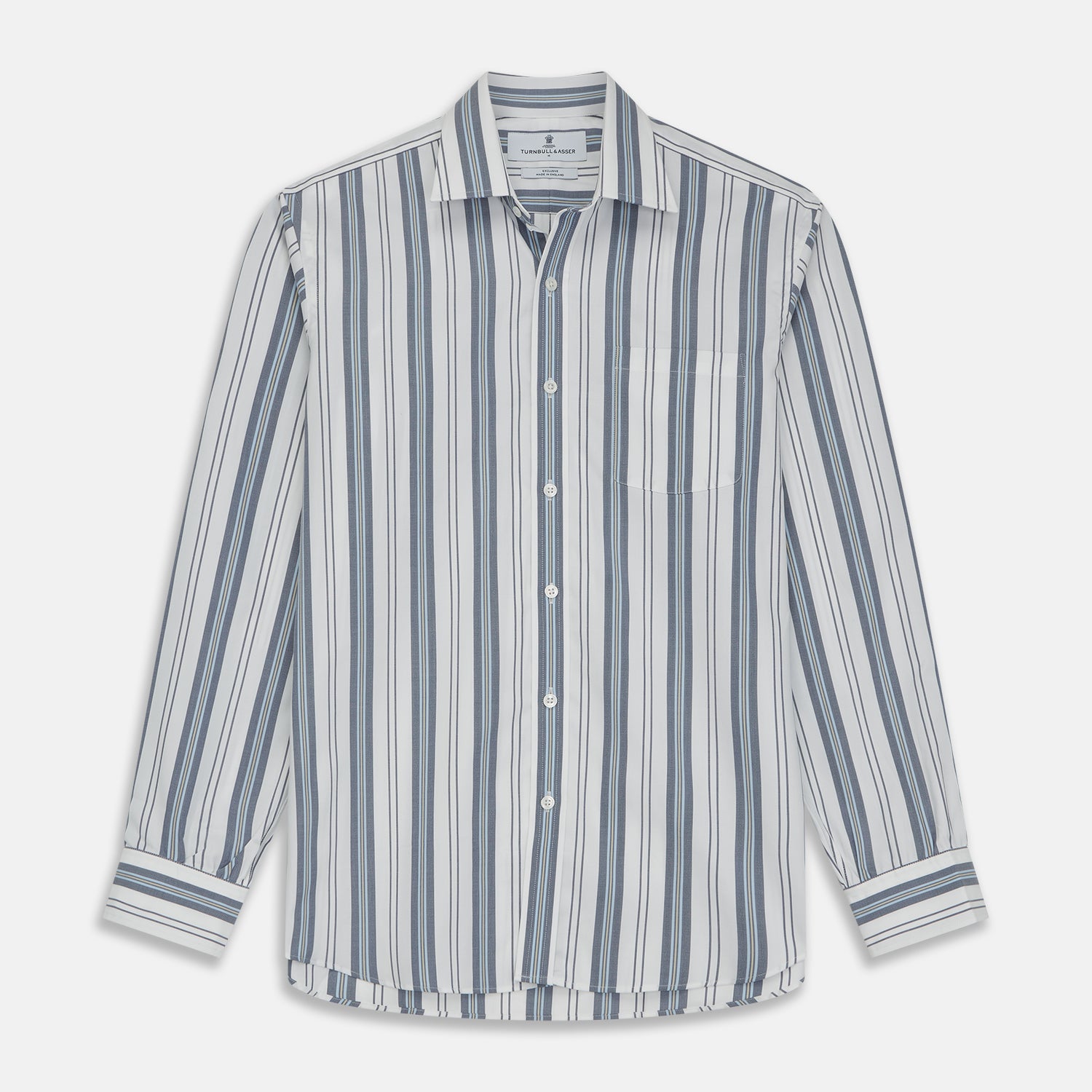 View 1 of product The Turnbull & Asser Blue, Green & White Stripe Weekend Fit Shirt features a Derby collar, 1-button cuffs, and a classic striped design—ideal for winter layering. Displayed on a plain white background.