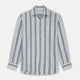 The Turnbull & Asser Blue, Green & White Stripe Weekend Fit Shirt features a Derby collar, 1-button cuffs, and a classic striped design—ideal for winter layering. Displayed on a plain white background.