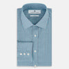View 5 of product The Turnbull & Asser Turquoise Ticking Stripe Mayfair Shirt is a long-sleeve, button-up shirt in fine Italian cotton with light blue and white stripes, a collar, white buttons, curved hem, and subtle turquoise ticking stripe.
