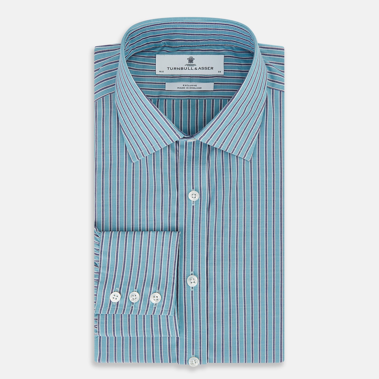View 5 of product The Turnbull & Asser Turquoise Ticking Stripe Mayfair Shirt is a long-sleeve, button-up shirt in fine Italian cotton with light blue and white stripes, a collar, white buttons, curved hem, and subtle turquoise ticking stripe.