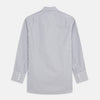 View 5 of product The Turnbull & Asser Pale Blue Multi Stripe Cotton Regular Fit Mayfair Shirt features long sleeves, a pointed collar, buttoned cuffs, and vertical stripes in pale blue tones, displayed against a white background.