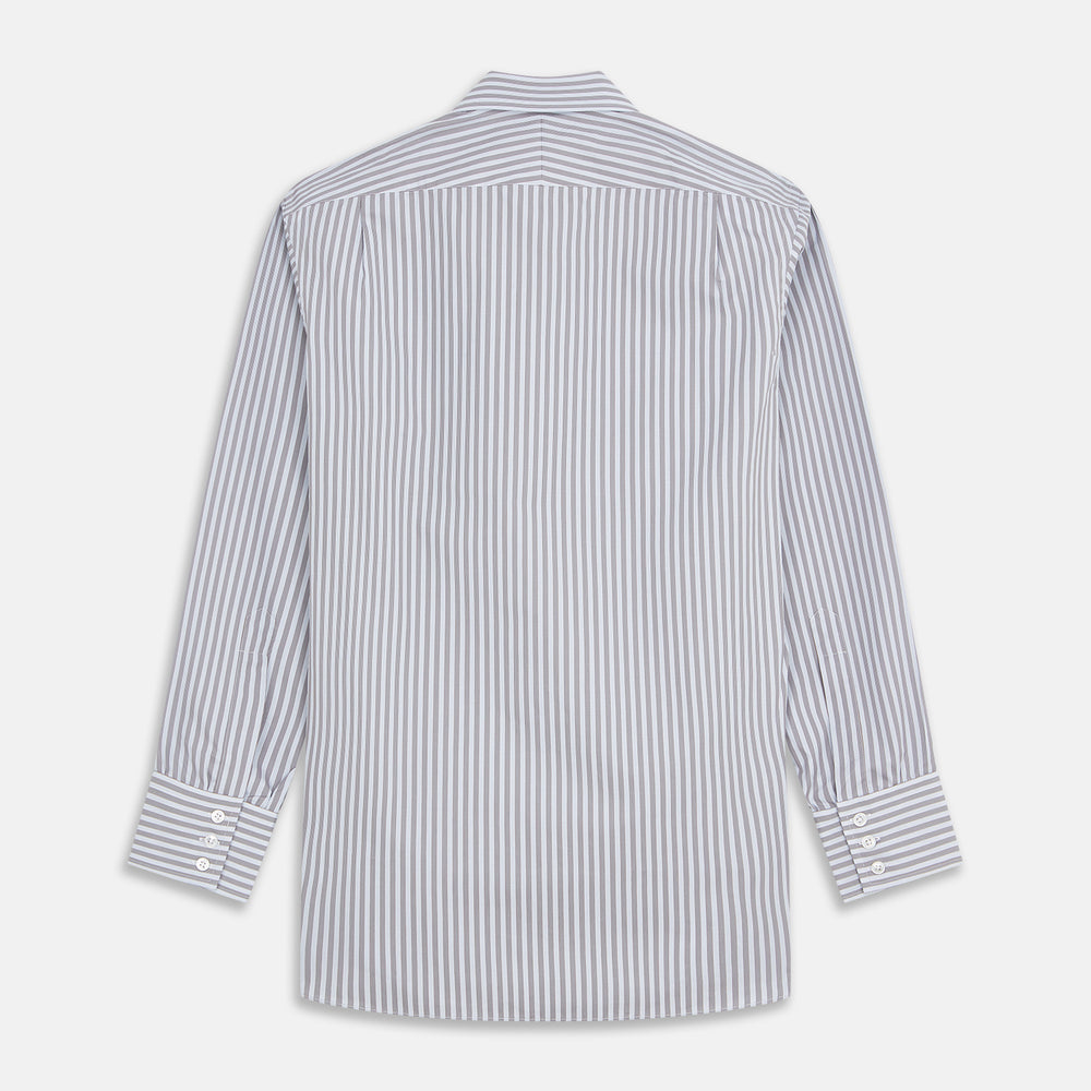 The Turnbull & Asser Pale Blue Multi Stripe Cotton Regular Fit Mayfair Shirt features long sleeves, a pointed collar, buttoned cuffs, and vertical stripes in pale blue tones, displayed against a white background.