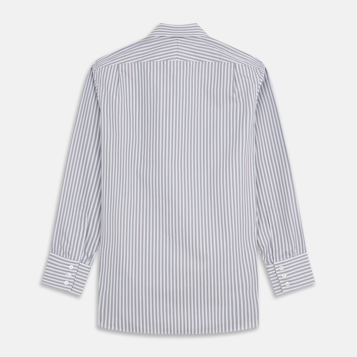 View 5 of product The Turnbull & Asser Pale Blue Multi Stripe Cotton Regular Fit Mayfair Shirt features long sleeves, a pointed collar, buttoned cuffs, and vertical stripes in pale blue tones, displayed against a white background.