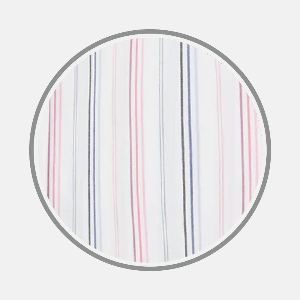 A circular swatch of Turnbull & Asser's Pink and Blue Multi Stripe Fabric features thin red, pink, and blue stripes on white, bordered by gray, set against a light gray background.