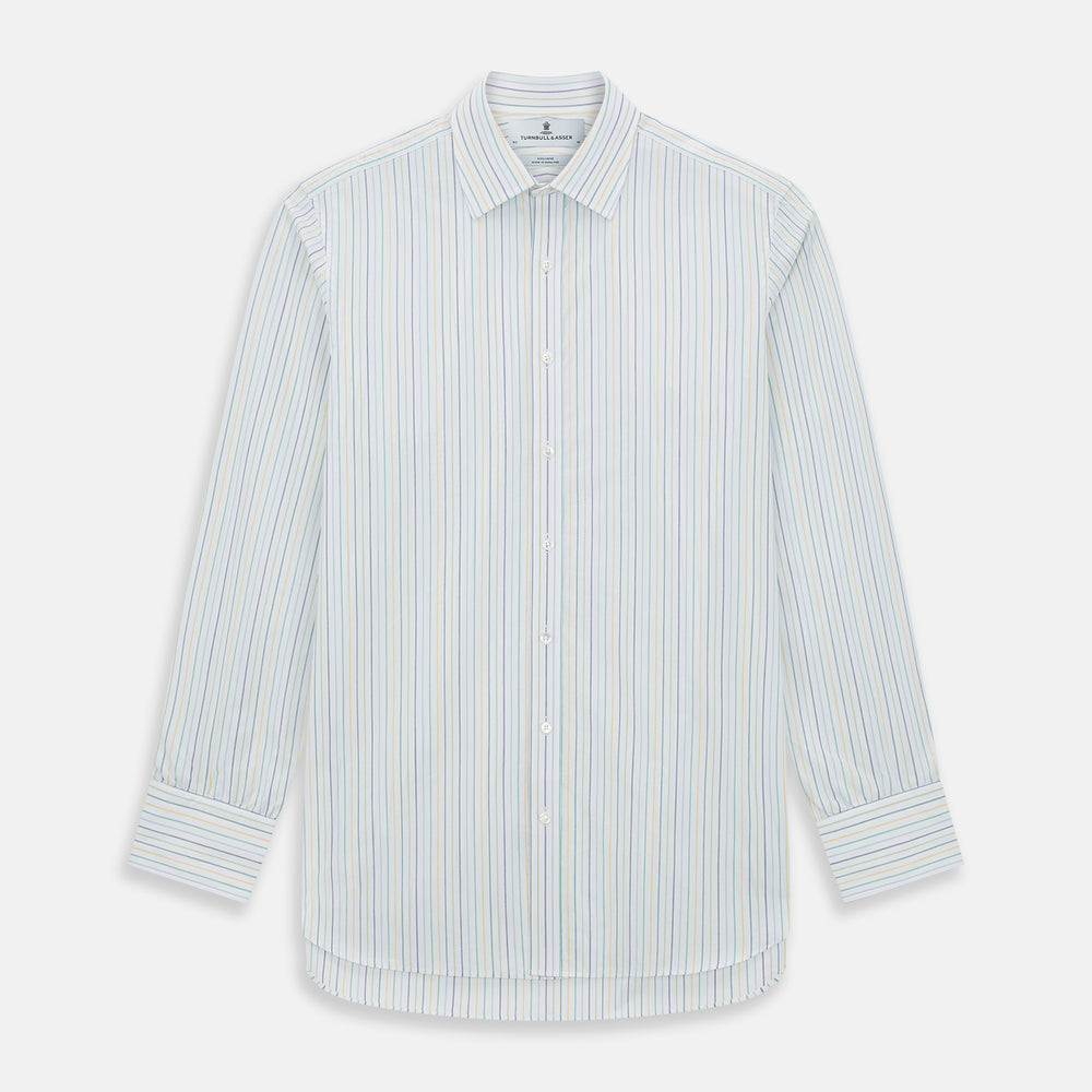 The Turnbull & Asser Multi Tone Double Pinstripe Mayfair Shirt is a long-sleeve pure cotton shirt with a collar and thin blue, green, and yellow double pinstripes on a white background.