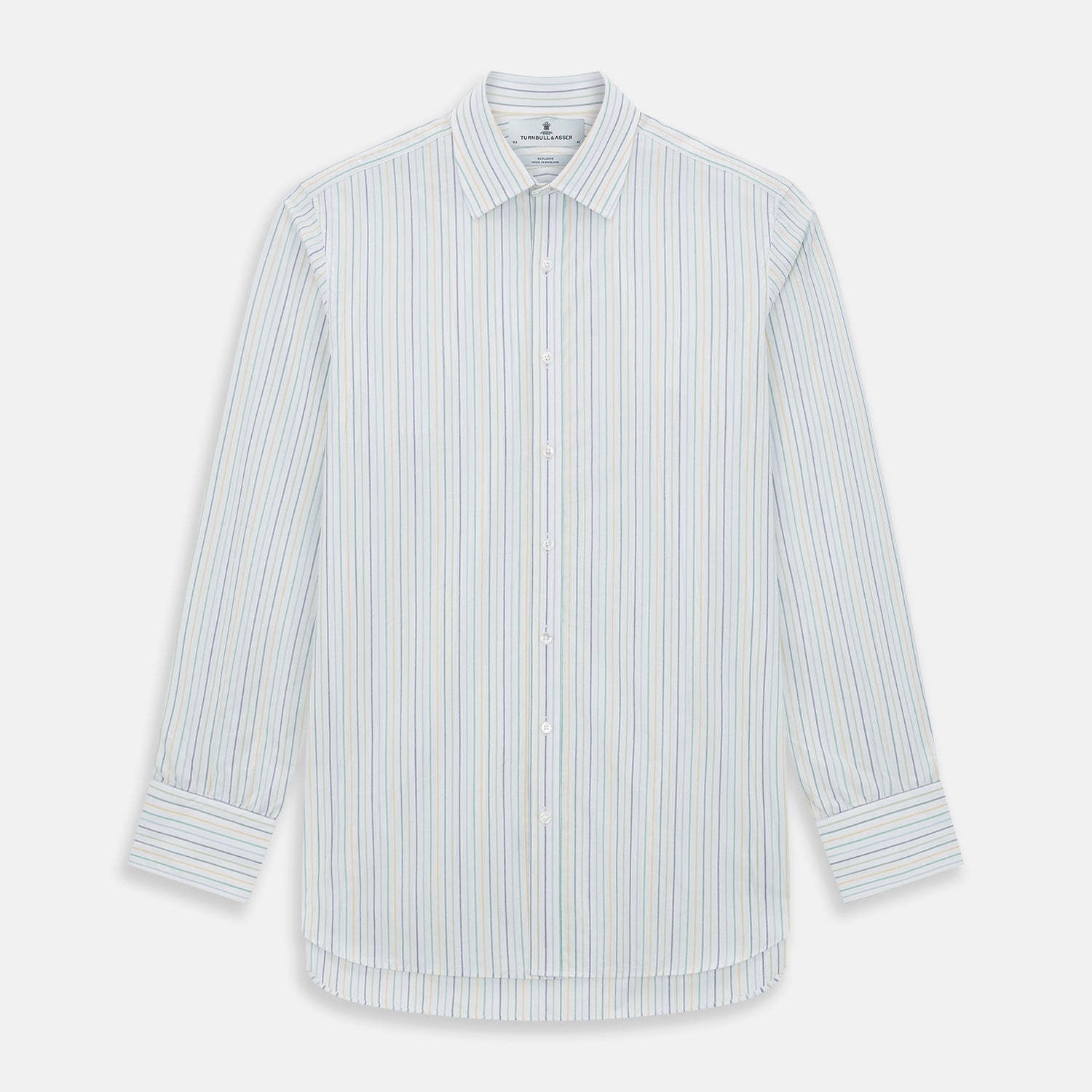 View 1 of product The Turnbull & Asser Multi Tone Double Pinstripe Mayfair Shirt is a long-sleeve pure cotton shirt with a collar and thin blue, green, and yellow double pinstripes on a white background.