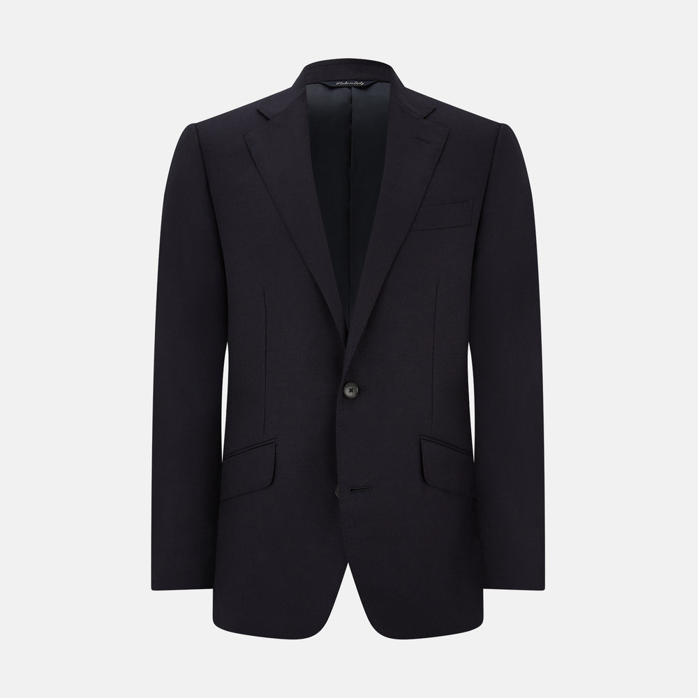 The Turnbull & Asser Navy Single Breasted Suit, consisting of a blazer and matching trousers, is neatly displayed on a white background—a timeless option for formal occasions.