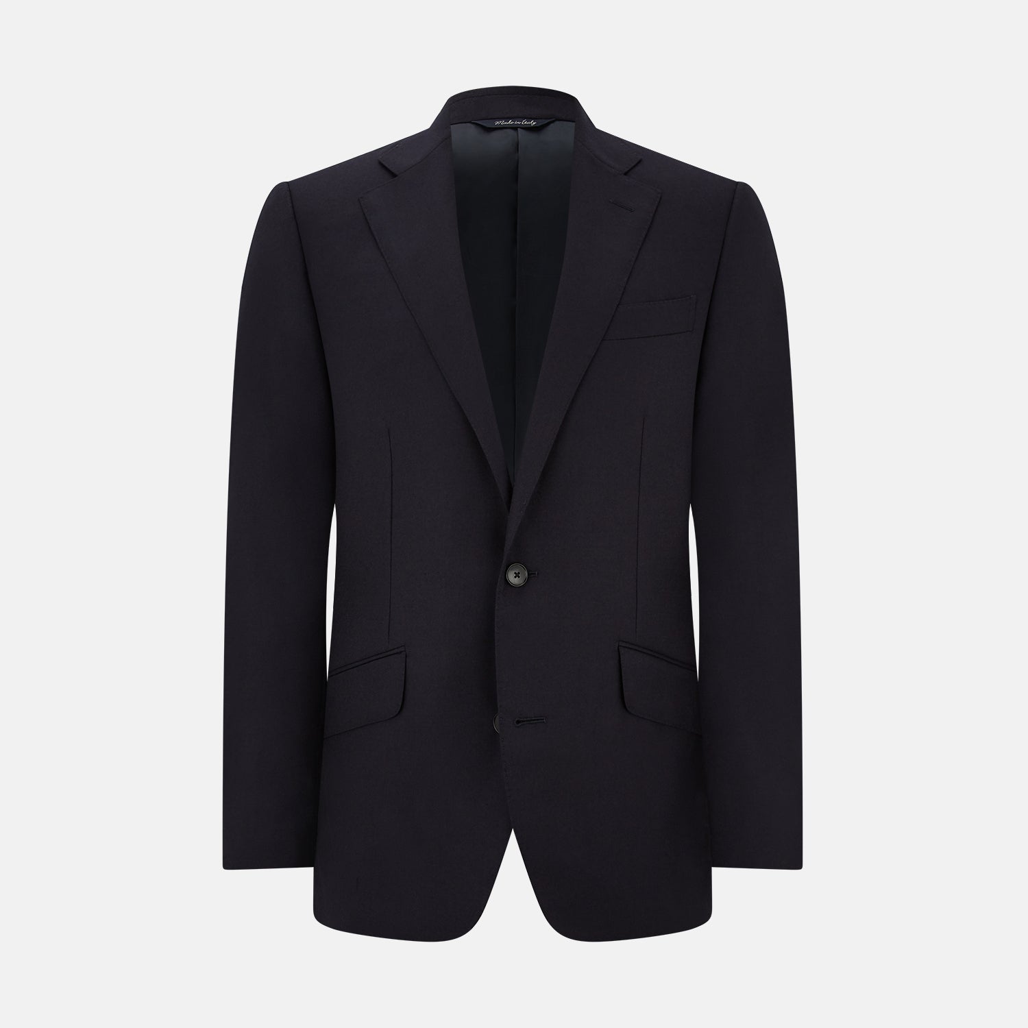 View 3 of product The Turnbull & Asser Navy Single Breasted Suit, consisting of a blazer and matching trousers, is neatly displayed on a white background—a timeless option for formal occasions.