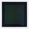 View 3 of product The Navy and Fern Green Stripe Silk Pocket Square by Turnbull & Asser features green vertical and diagonal stripes, hand-rolled edges, and "TURNBULL & ASSER HAND PRINTED IN ENGLAND" printed in one corner.